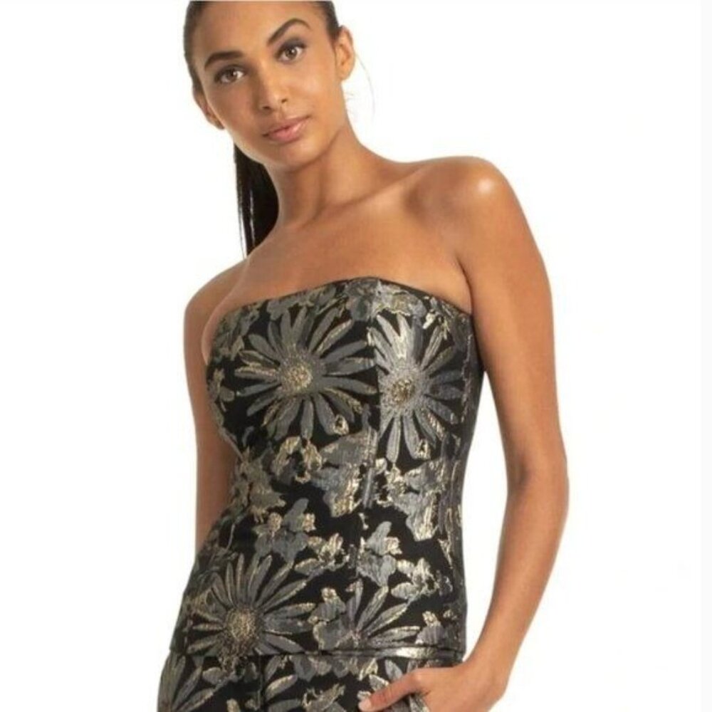 Trina Turk Black and Gold Floral Strapless Top